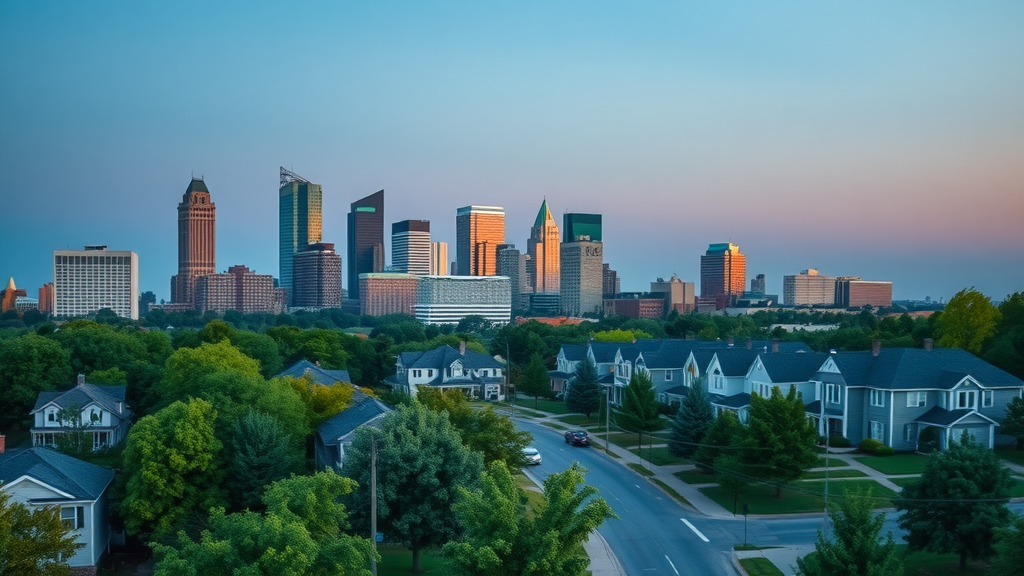 Contrasting Raleigh downtown skyline, urban vs suburban housing, real estate value, quiet cul-de-sac, home prices, evening scene