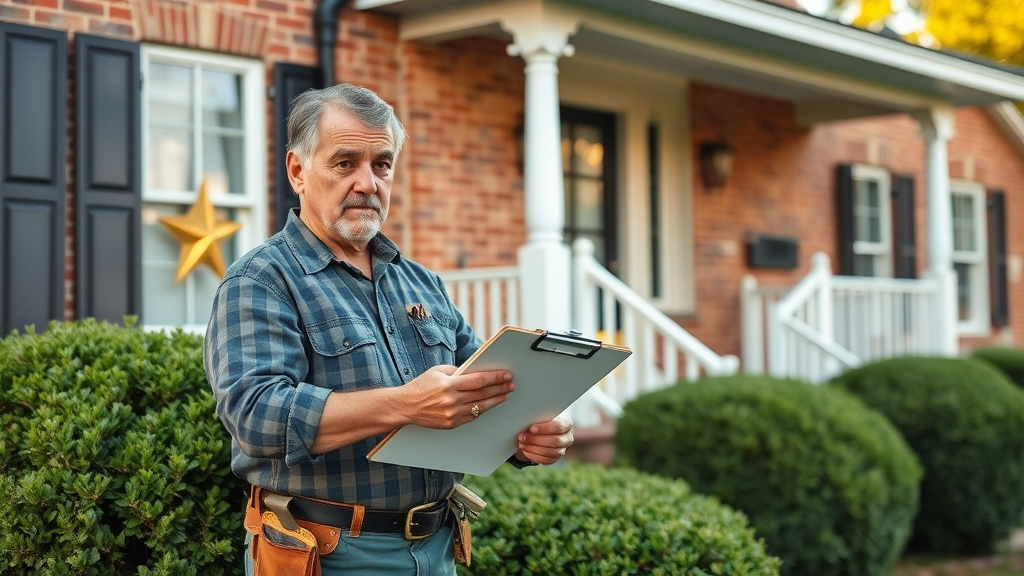home appraisal and home inspection in north carolina, appraiser and inspector examining home foundation with clipboard, brick house exterior, southern curb appeal