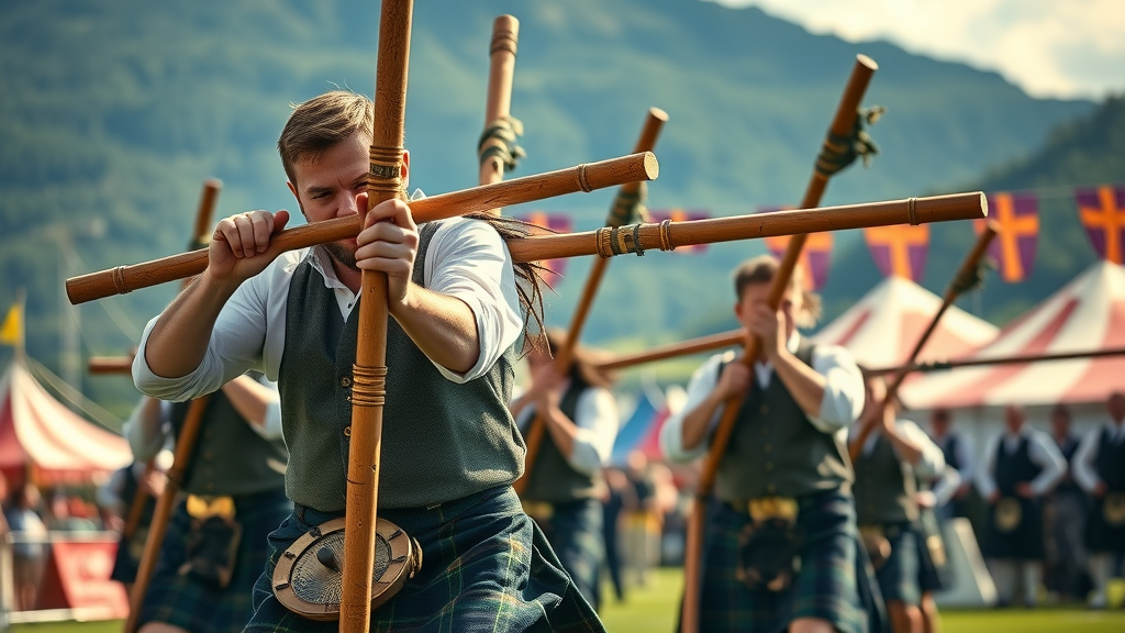 Grandfather mountain highland games with athletes in kilts, Scottish games, and scenic North Carolina mountain backdrop