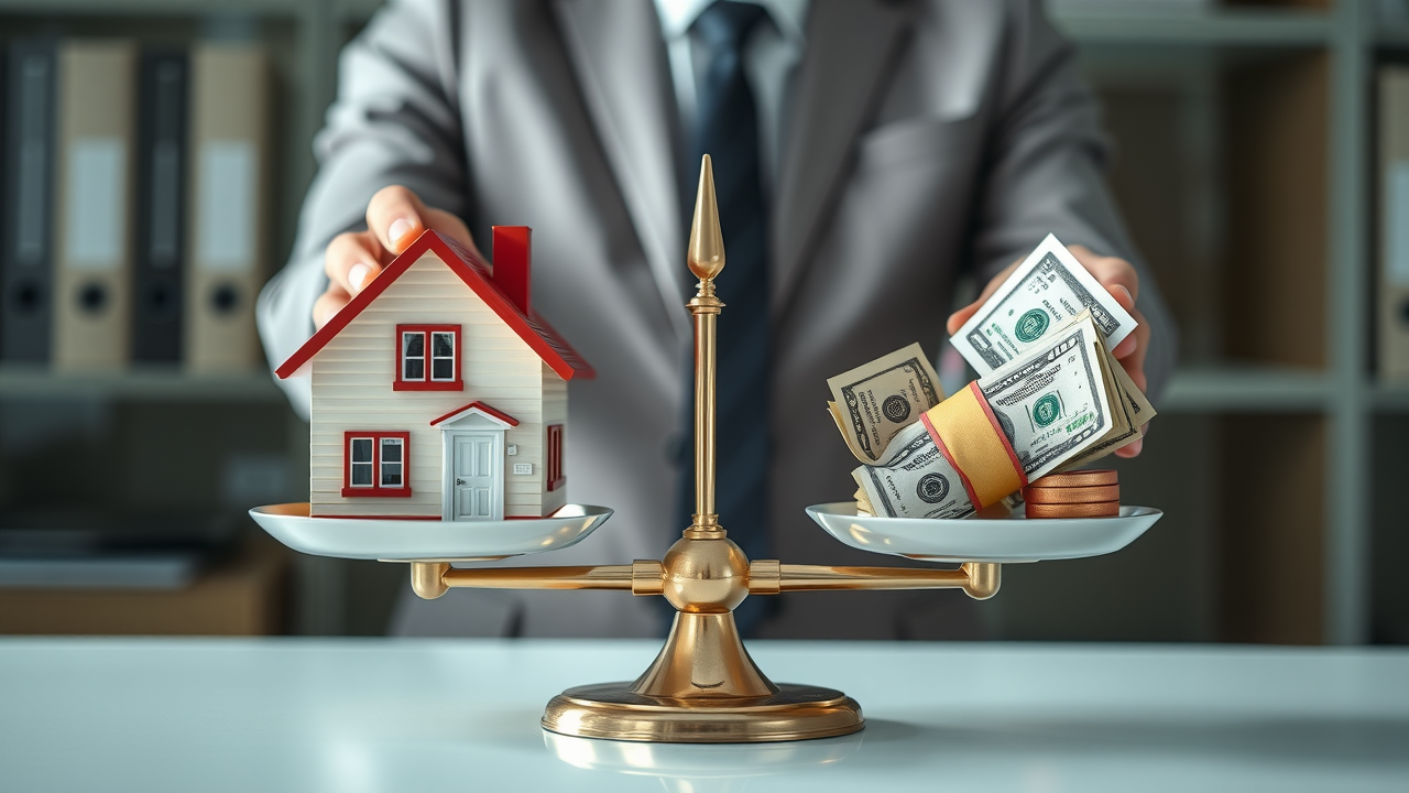 Balanced scale with house and cash shows secured vs unsecured loans