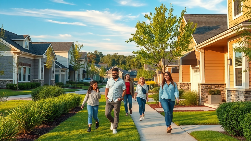 Vibrant Raleigh suburban neighborhood, Raleigh real estate trends, modern homes, active families, outdoor activities, golden hour sunlight