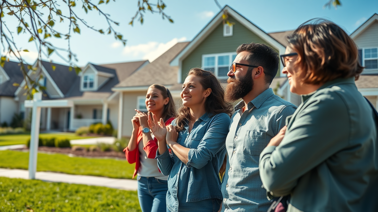 buying a home in north carolina modern housing market scene, diverse home buyers observing a house for sale in a North Carolina suburban neighborhood, bright blue sky, green lawns, immersive viewing experience