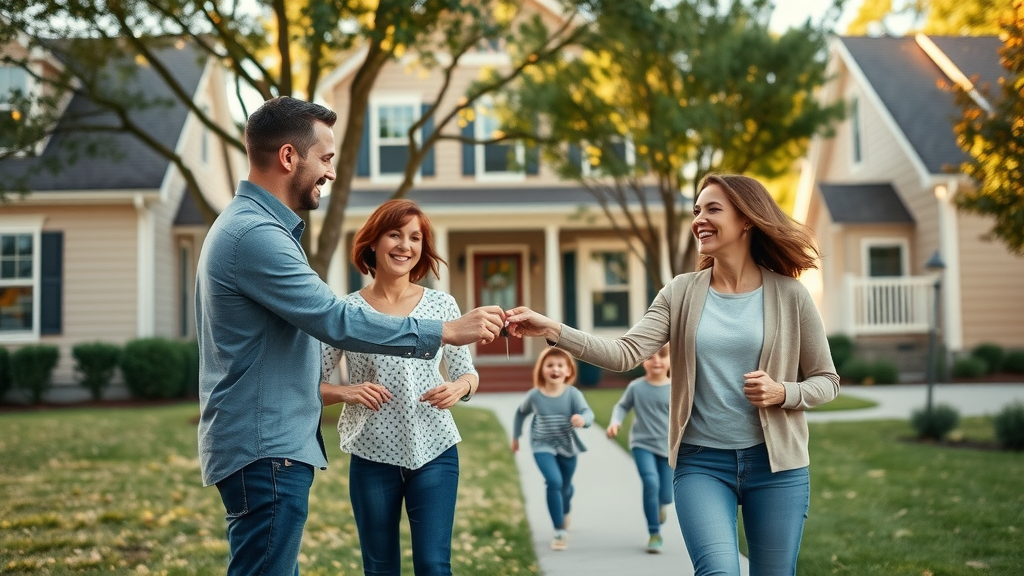 happy home buyers receiving keys from a real estate agent in front of a classic Raleigh house. Buying a house in Raleigh, Raleigh area real estate.