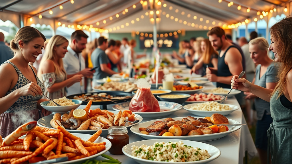 Sampling seafood and barbecue at a north carolina food festival, festival-goers enjoying great food, colorful plates, and food trucks