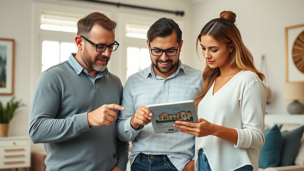 Focused Raleigh homebuyers with real estate agent, reviewing home listings, preparing for homes for sale, competitive market