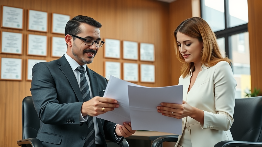 professional real estate attorney and clients reviewing documents in a Raleigh office. North Carolina home buying laws, Raleigh real estate procedures.