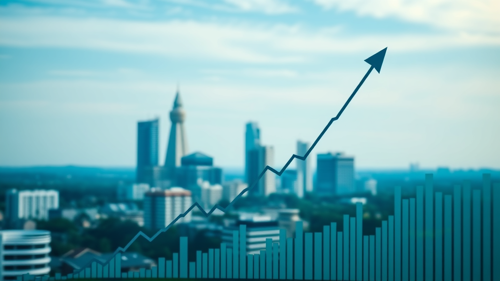 Dynamic Raleigh real estate market chart, upward-pointing graphs, raleigh skyline, home prices, statistical data, real estate trends