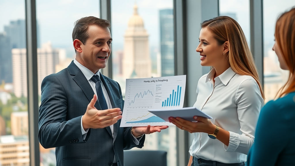 Professional Raleigh real estate agent, north carolina housing market, data charts, animated conversation, cityscape, modern office