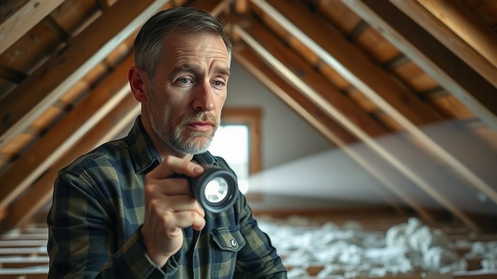 thoughtful home inspector examining attic insulation in older Raleigh house, focused. Inspection on homes for sale Raleigh, buying a house in Raleigh.