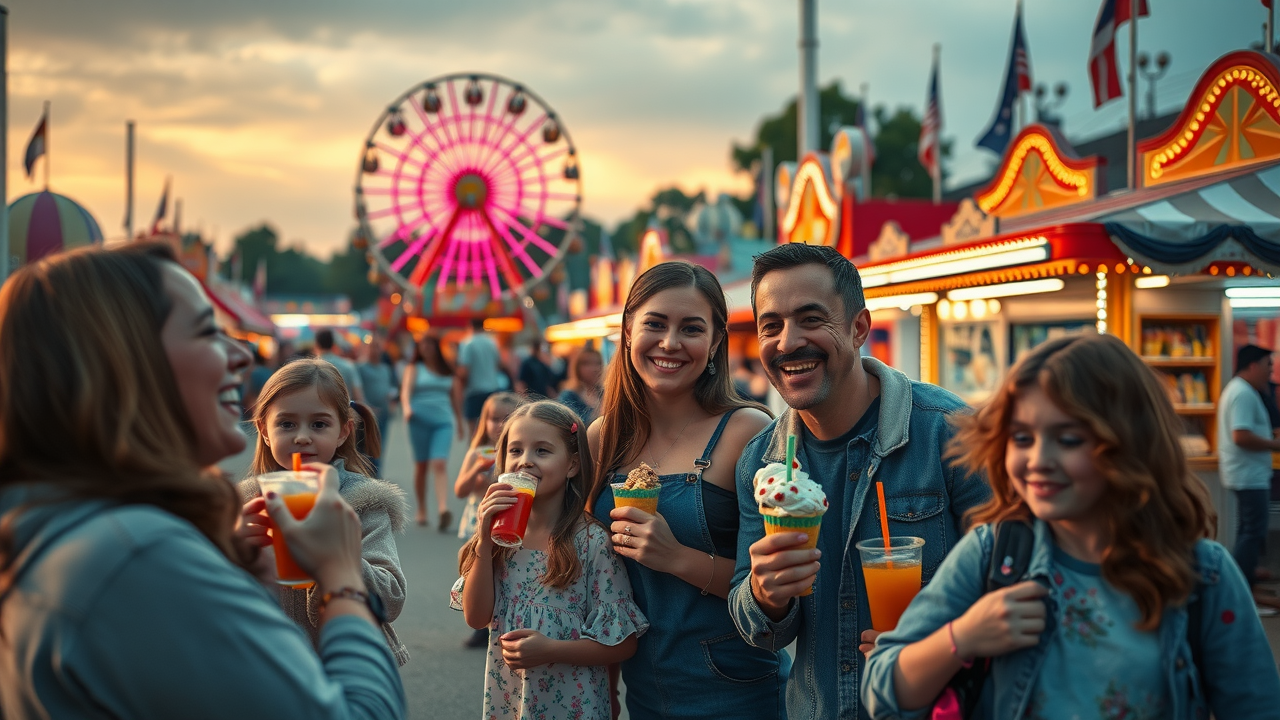 North carolina state fair with smiling families, lively carnival rides, Ferris wheel, and classic fair foods