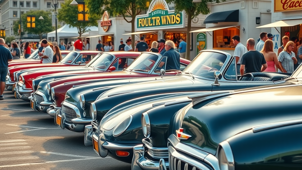 Charlotte car show and food truck festival, classic cars, spectators, bustling food trucks under the North Carolina sun