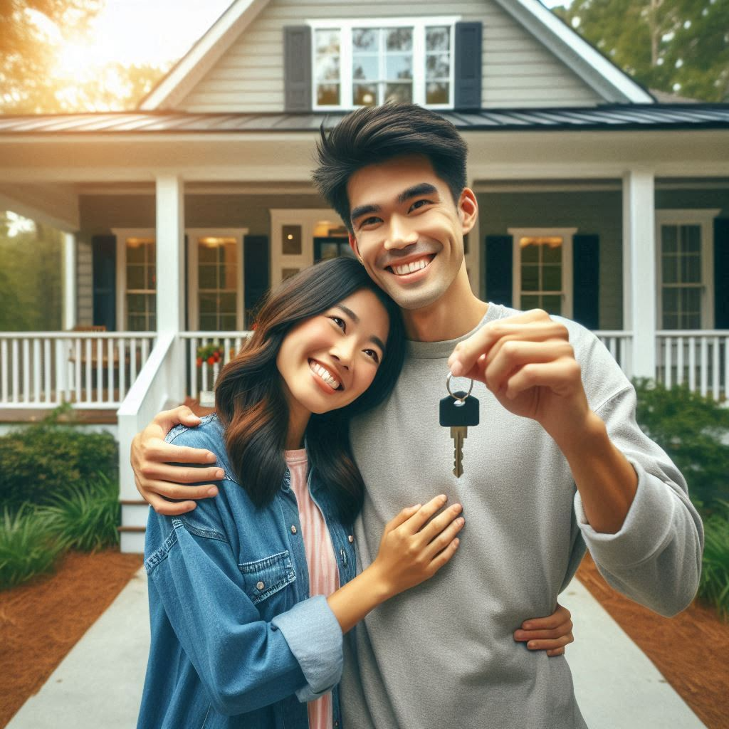 new north carolina homeowners celebrating with keys, outside southern home