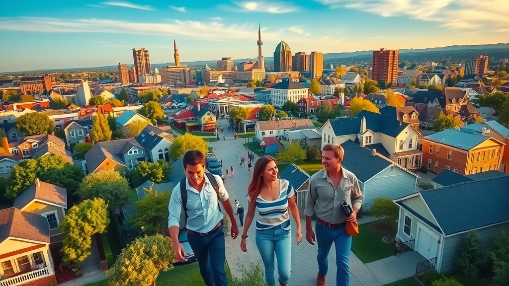 vibrant aerial view of Raleigh, North Carolina, satisfied families and young professionals, exploring lively neighborhoods, bustling Raleigh cityscape and homes for sale, blue sky, golden hour lighting. Buying a house in Raleigh.