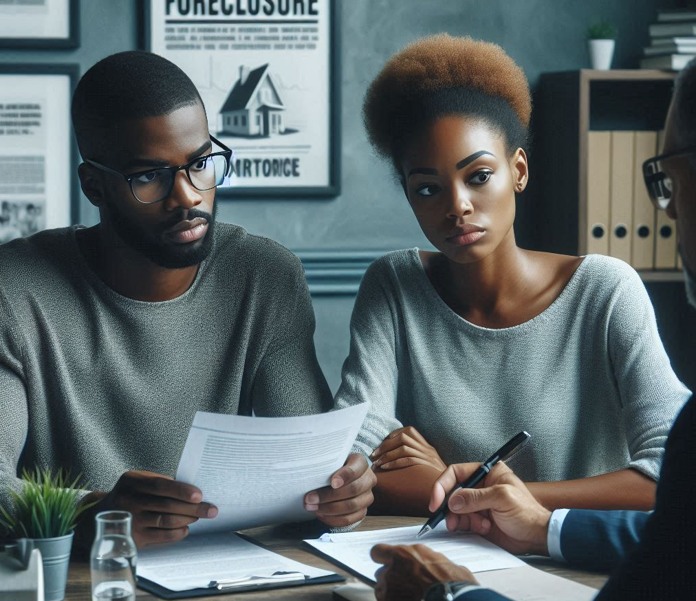 couple consulting with financial advisor, concerned, discussing risk of loss of home over paperwork