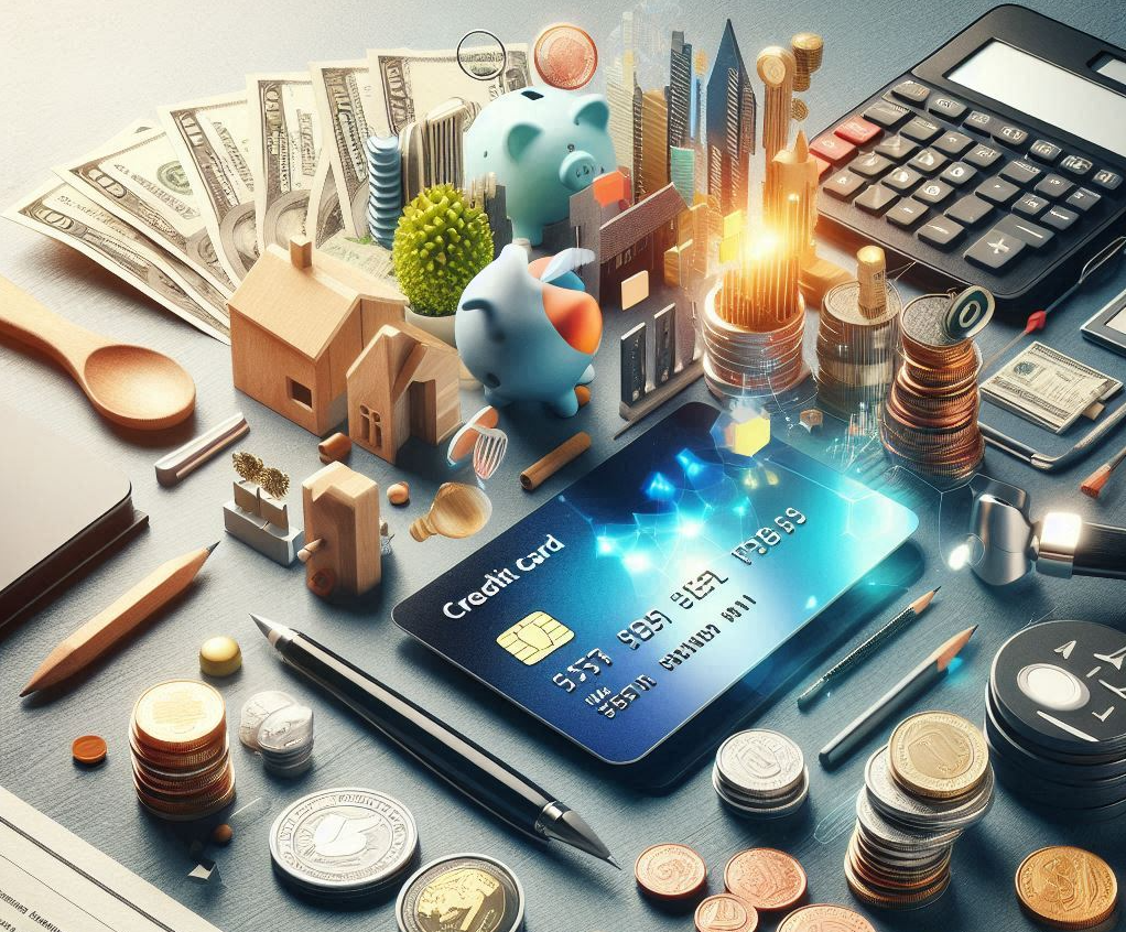 creative arrangement of various financial tools, innovative, credit cards, loan agreements, checkbook, and a few coins elegantly arranged