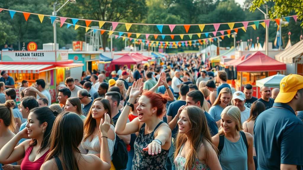Vibrant crowd enjoying one of the best festivals in north carolina, dancing, local park atmosphere with food trucks and lively booths