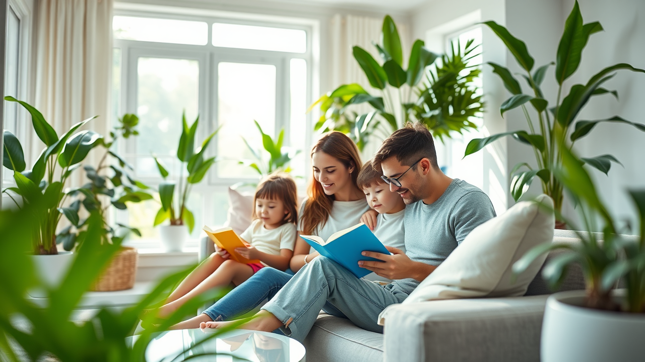 Bright, energy-efficient green home interior in North Carolina, family enjoying enhanced air quality and natural light, surrounded by abundant plants and efficient fixtures.