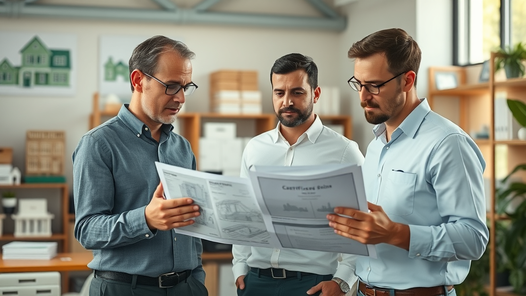Architects and green home builders North Carolina discussing green building certifications and blueprints in a bright, collaborative office setting surrounded by sustainable design models.
