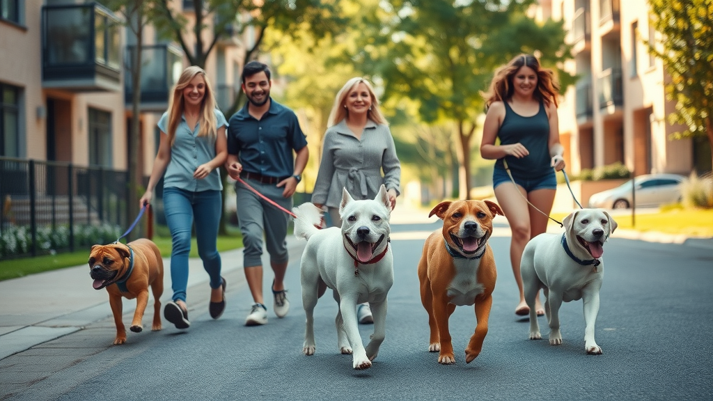dog park, pet-friendly living in Raleigh NC, modern apartments, happy pet owners walking dogs, city street