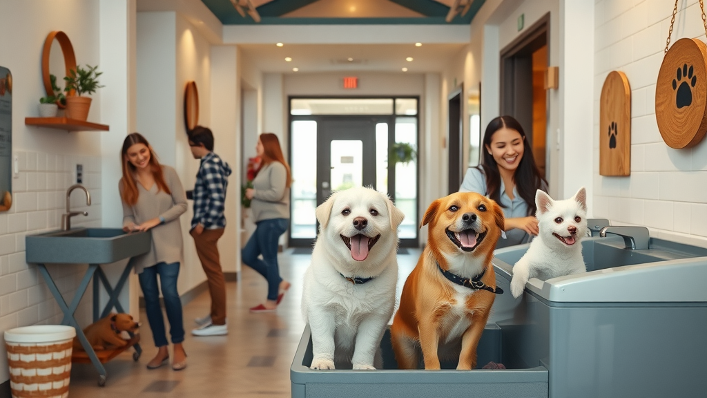 pet-friendly living in Raleigh NC, pet amenities, apartment lobby, dog washing station, playful pets and owners