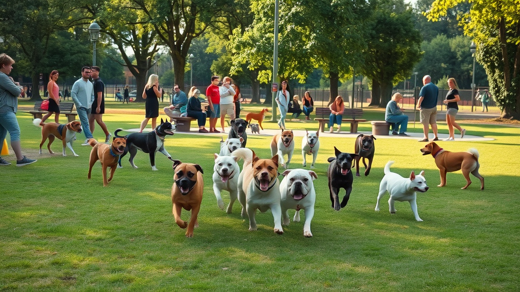 dog park, pet owners, pet-friendly living in Raleigh NC, sprawling park with dogs, trees and benches