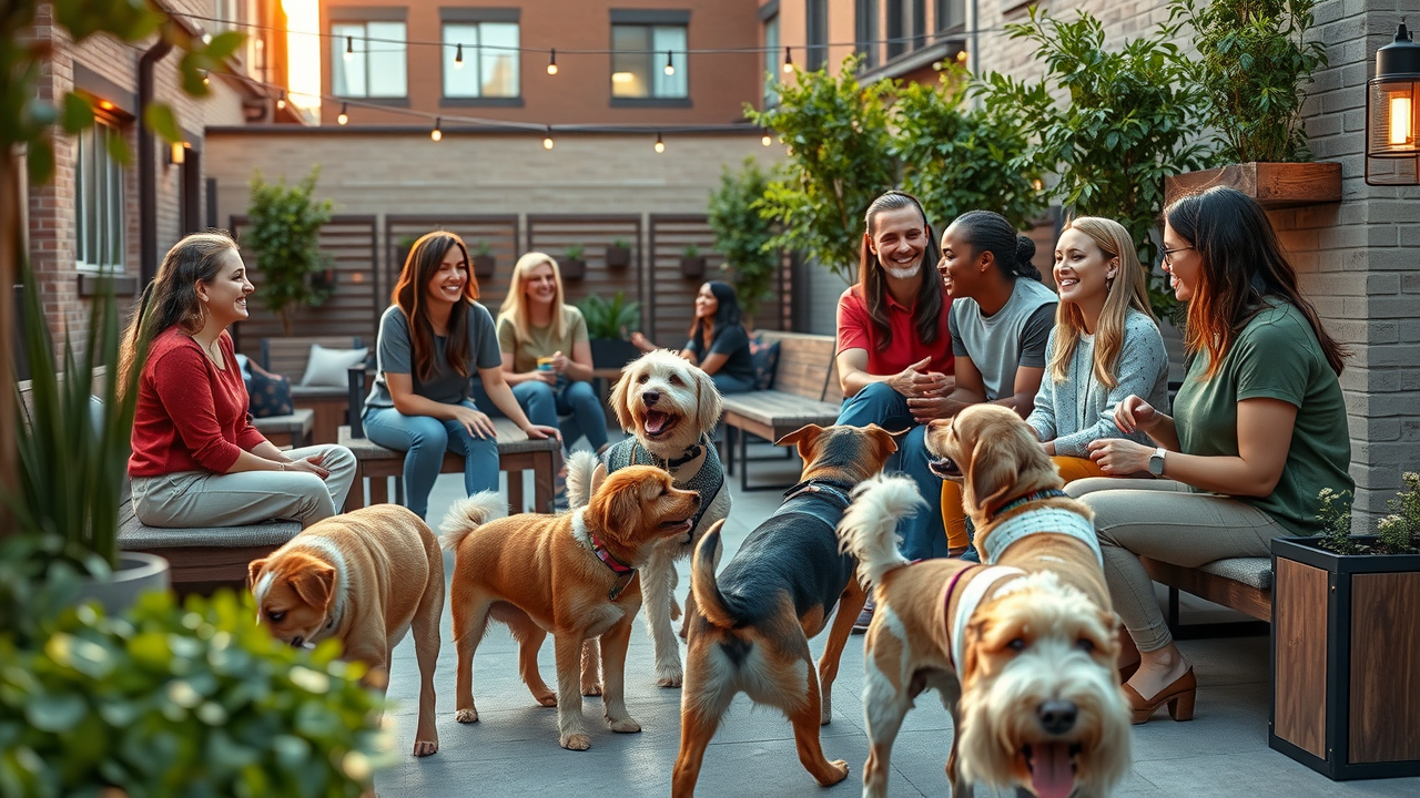 friendly community, pet-friendly living in Raleigh NC, communal patio, pet owners and dogs, socializing, apartments for rent