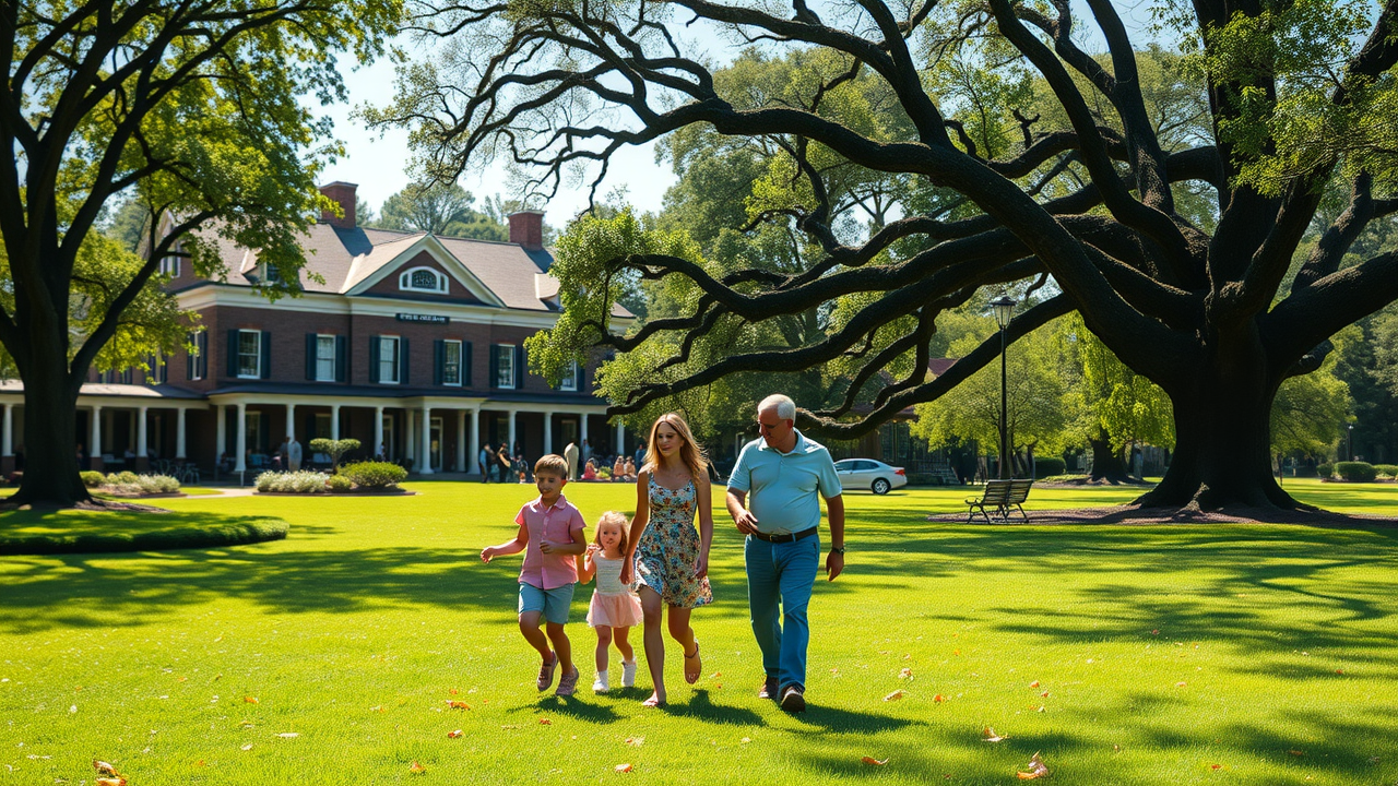 serene historic park Raleigh NC with preserved 19th-century buildings and green grass