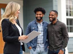 Blonde female Realtor talking with LGBTQ couple
