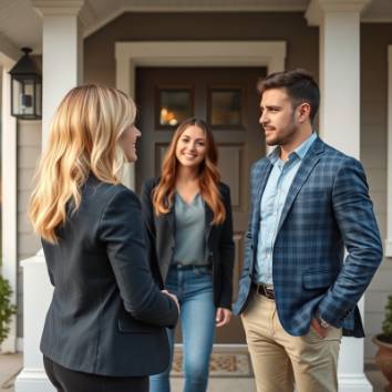 Blonde realtor welcomes couple into a beautiful home for viewing.