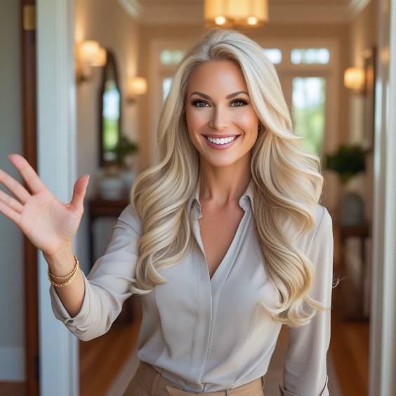 smiling blonde woman waving