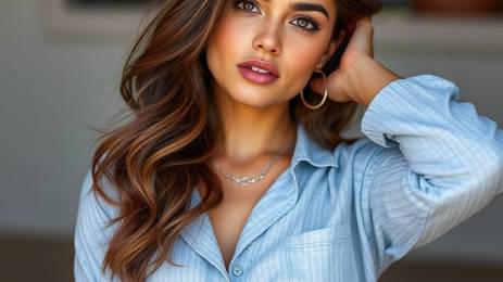 Hispanic female model posing confidently.